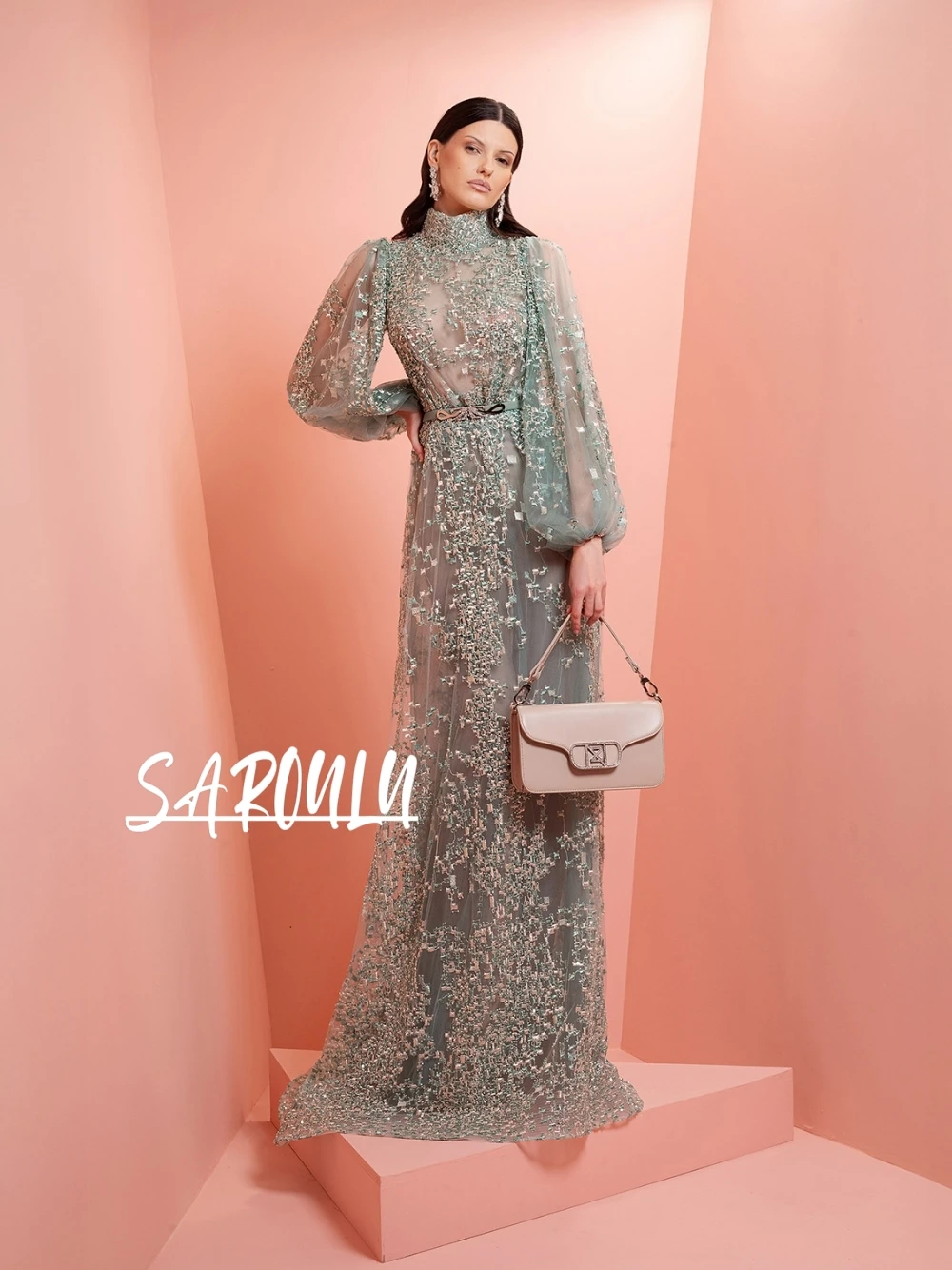 

Illusion A Line Prom Dress For Women Gorgeous Long Sleeves Beaded Sequined Evening Gown New Arrival Romantic Party Wear