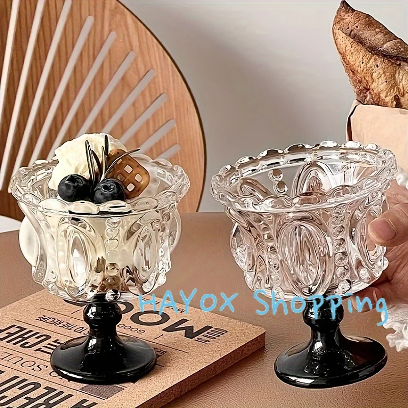 

Black Geometric Glass Dessert Goblets, Retro Embossed Creative Coffee Ice Cream Yogurt Puddings Cup for Families, Dormitories
