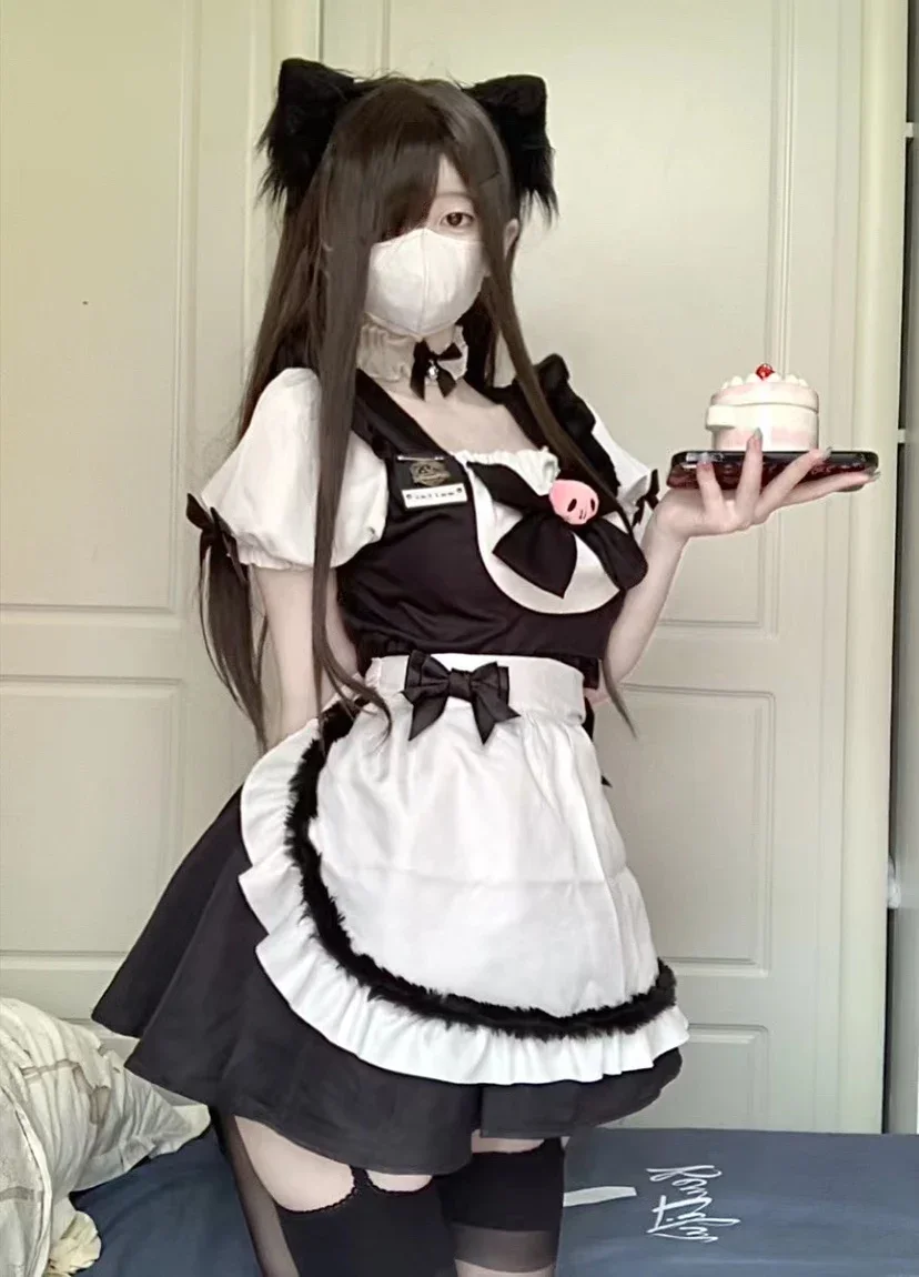 Sanrios Kuromi Anime Cartoon JK Maid Cos Uniform Lolita Turn-down Collar Puff Sleeve Dress with Apron Kawaii Princess Dresses