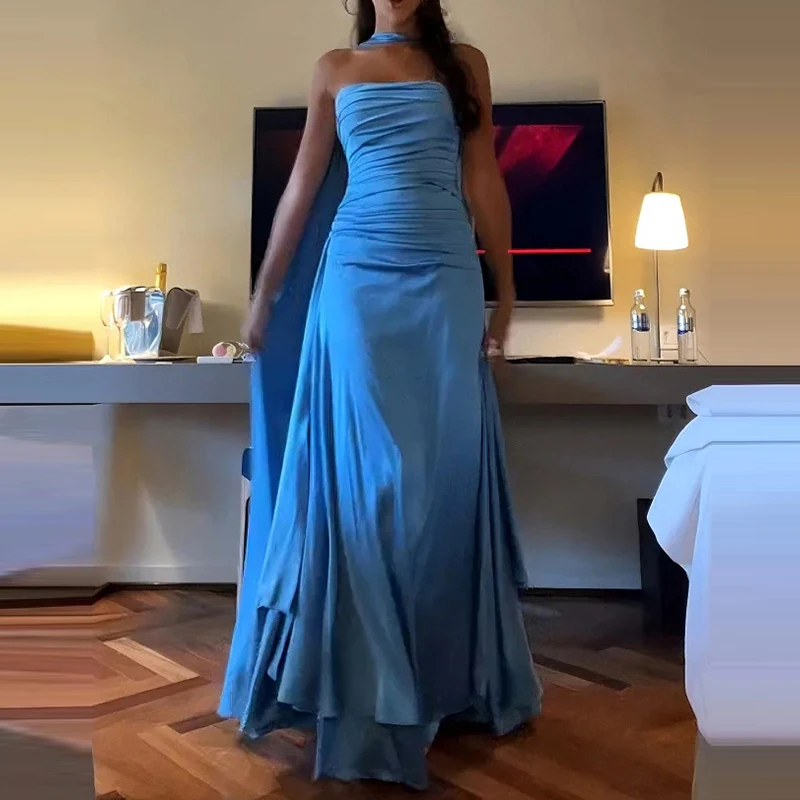 Elegant Strapless Sleeveless Satin Long Dress Sexy Off Shoulder Floating Solid Party Dress Women Fashion Waist Draped Gown Dress