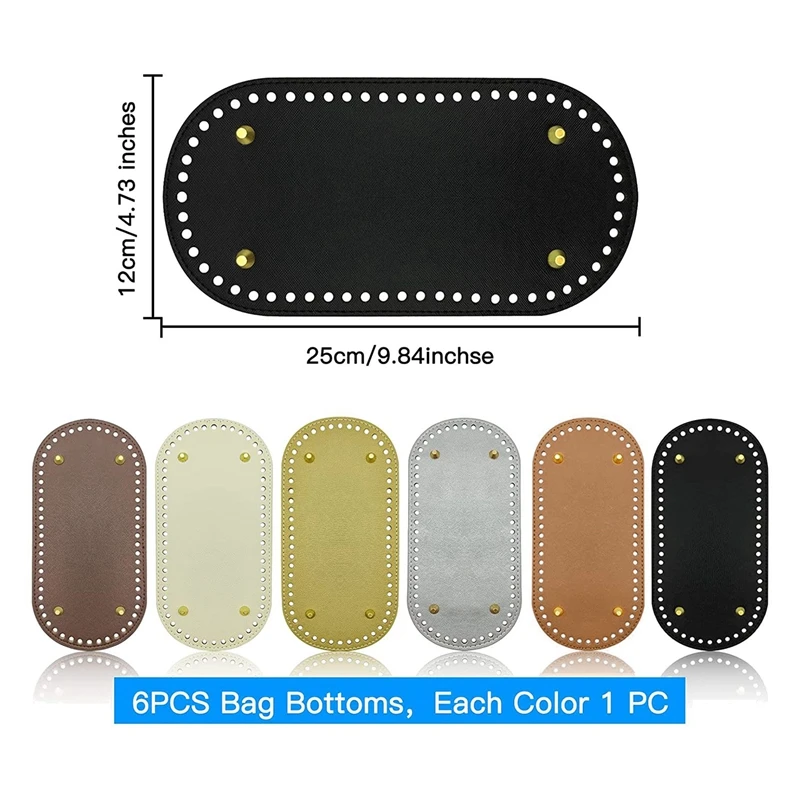 6 Pack PU Leather Bag Bottom Oval Wallet Bottom For Crochet Bag Bottom Crochet Bag Stud Bottom (25X12cm, 6 Colors)