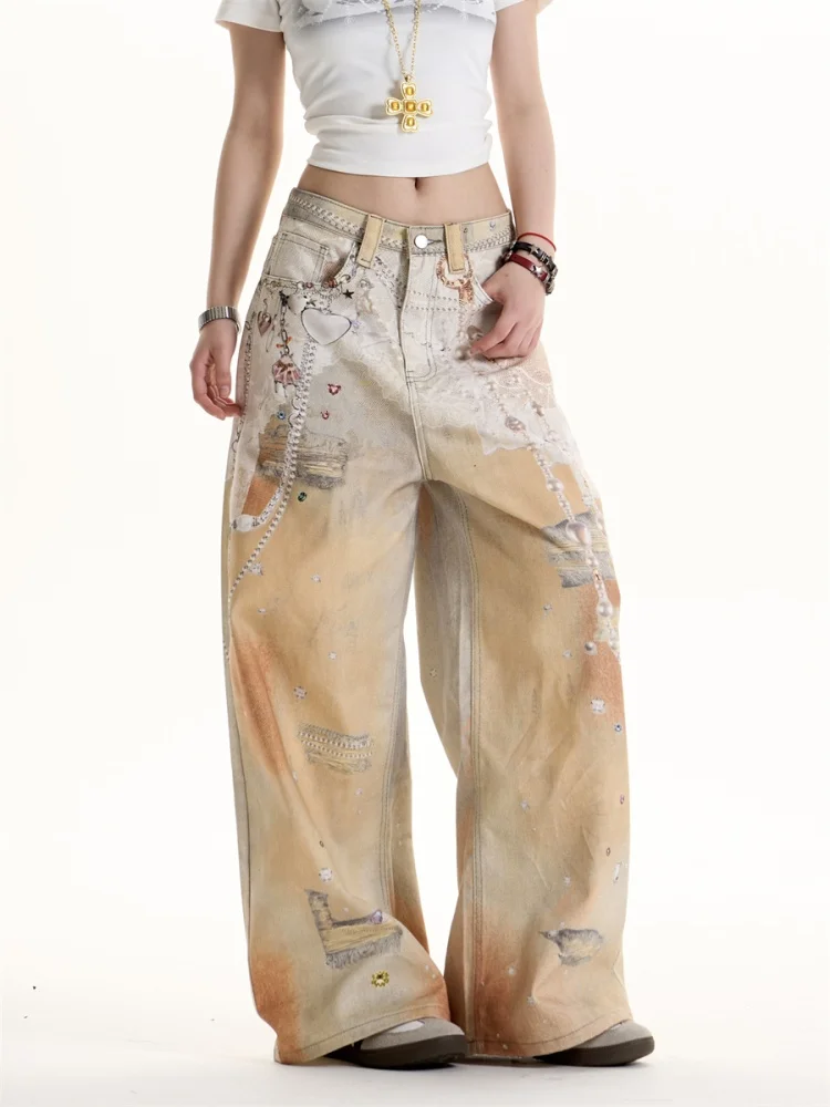 

Retro American Chain Decoration 3D Digital Print Wide Leg Jeans Men's Loose Straight Cut Trousers Trendy Long Pants