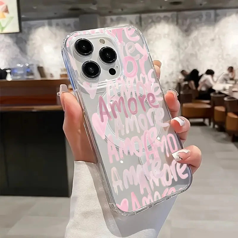 Чехол для телефона Amore-Love Romantic Pink Lettering для iPhone 17, 16, 12, 13, 11, 14, 15, Pro Max 7, 8 Plus, магнитный чехол с беспроводной зарядкой