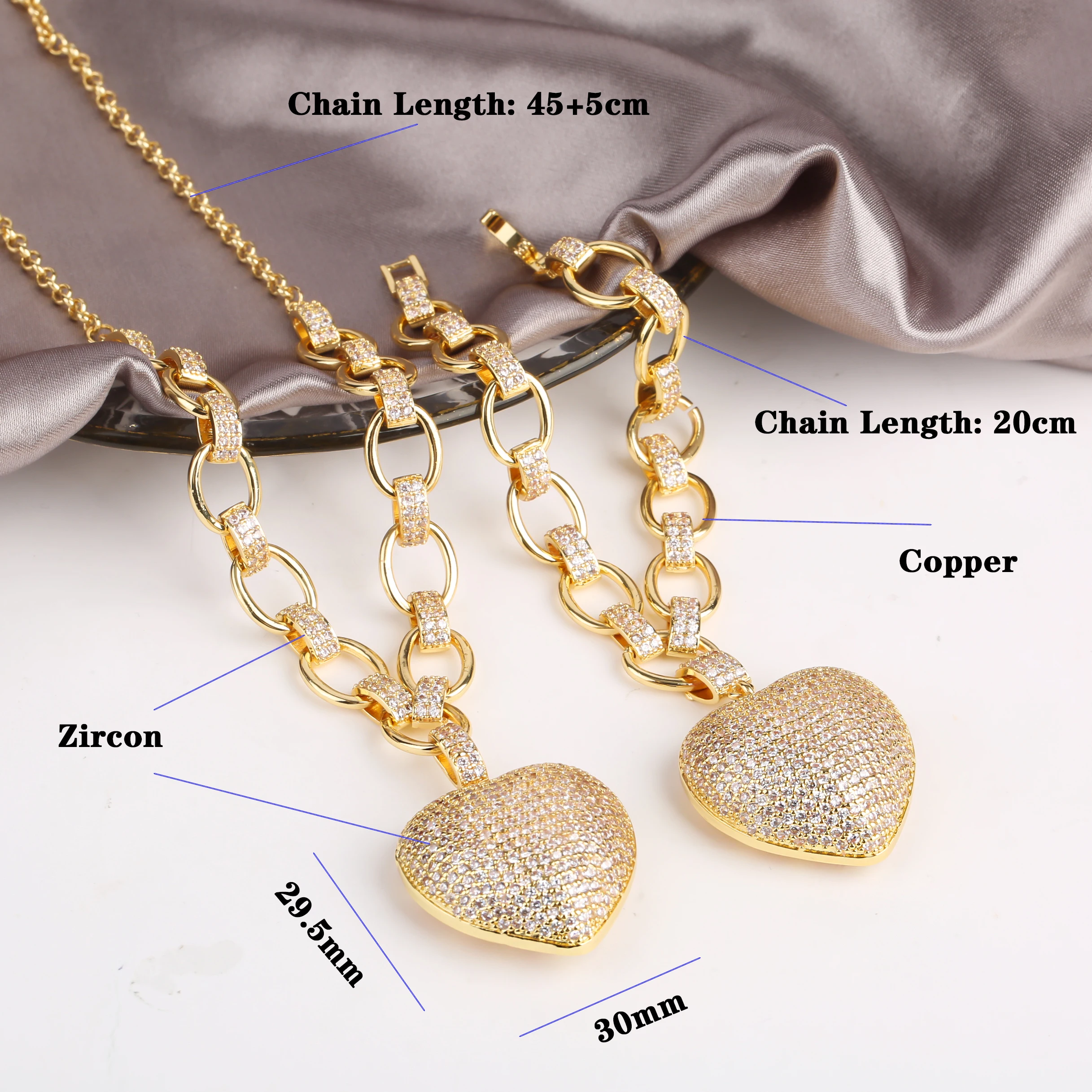 New Design Luxury Heart-Shaped Set Bracelet Necklace Copper Inlaid Zircon Jewelry Set Fashion For Women Girl Party Wedding Gift