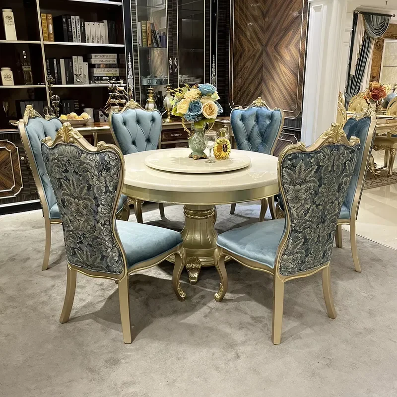 Luxurious French-style marble round dining table set. Hand-carved solid wood. Suitable for mansion and villa dining