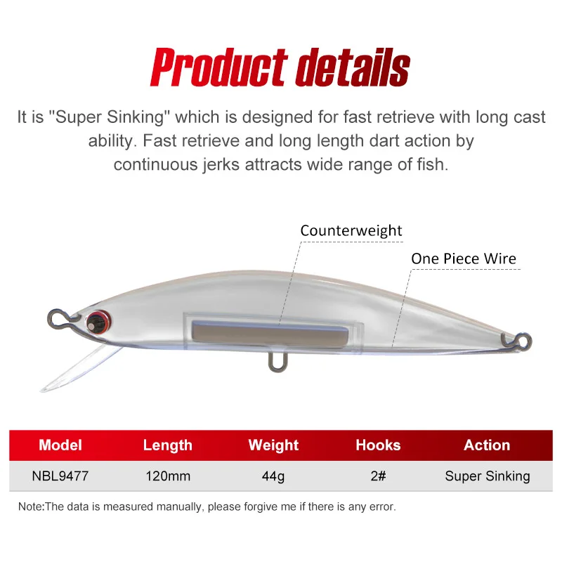 Noeby Minnow Fishing Lure 120mm 44g Sinking Shore Casting Wobbler Artificial Hard Bait Boat Flatfish Sea Fishing Lures Tackle