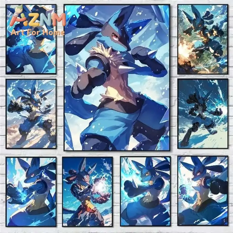 AZNM Pokemon Lucario Anime Canvas Wall Art, Fighting Steel Type Pokemon Ice Power Print, Canvas Painting for Bedroom Home Decor