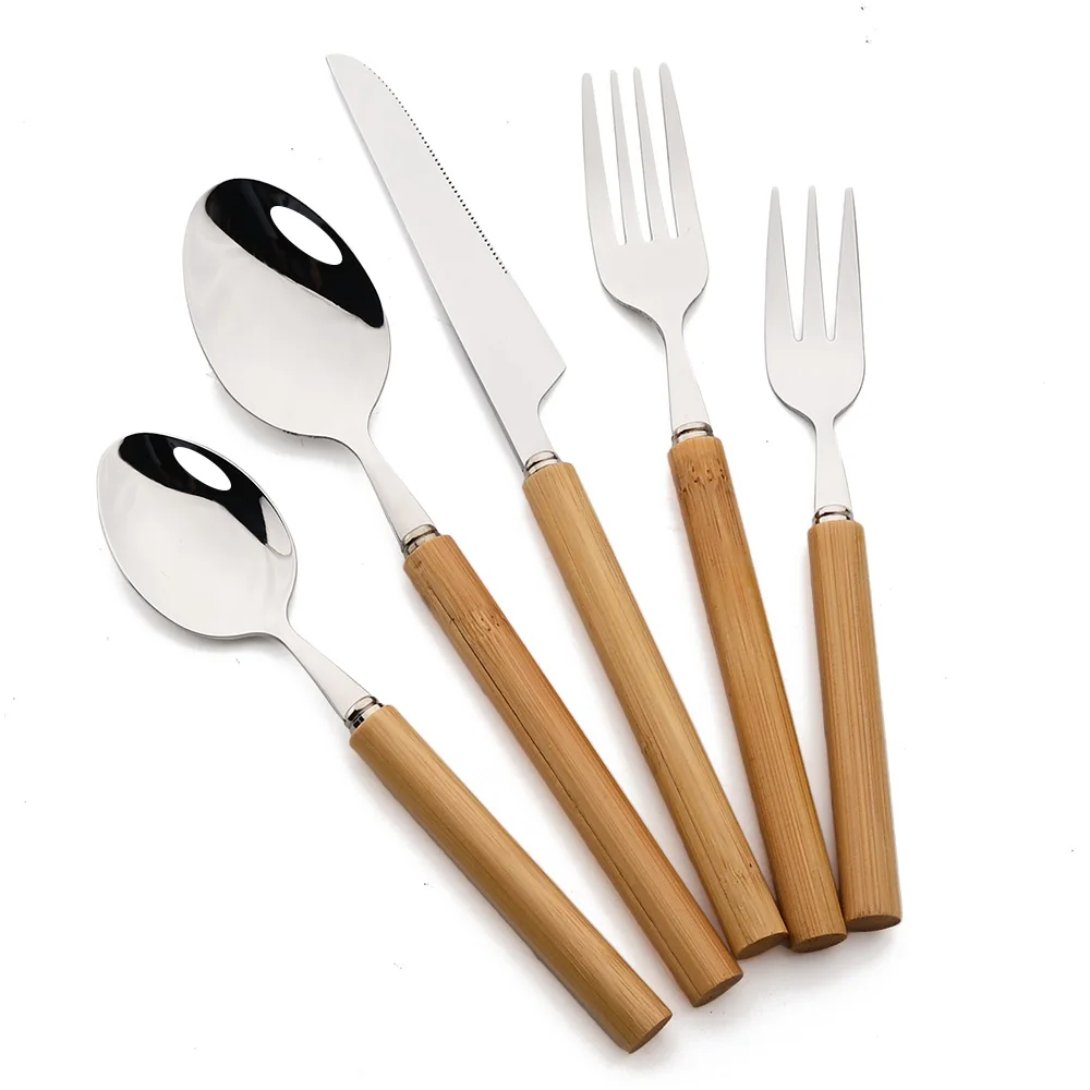 Juego de vajilla con mango de madera, juego de cubiertos de acero inoxidable, cuchillo, tenedor, cuchara, vajilla de cena, cubiertos de cocina occidental, 5 uds.