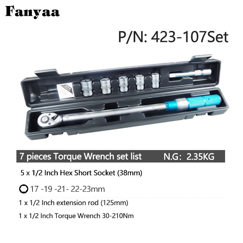 

Fanyaa Torque Wrench Set 7pcs, Drive 1/2 Inch, 30-210Nm, High-accuracy 4%, Auto, Car, Vehicle Tire Repair Hand Tools Spanner