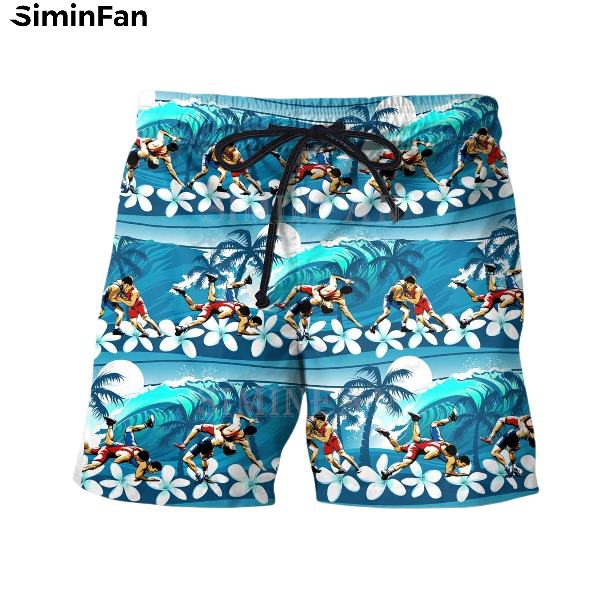 

WRESTLING FLOWER 3D Printed Mens Hawaiian Board Shorts Male Summer Trousers Casual Beach Pant Unisex Harajuku Streetwear Blue S2