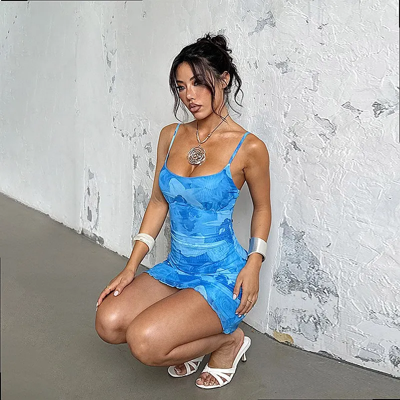 Mesh Print Camisole Dress, Summer Spring Bodycon Midi Dresses, Sleeveless Slip Dresses, Evening Dress