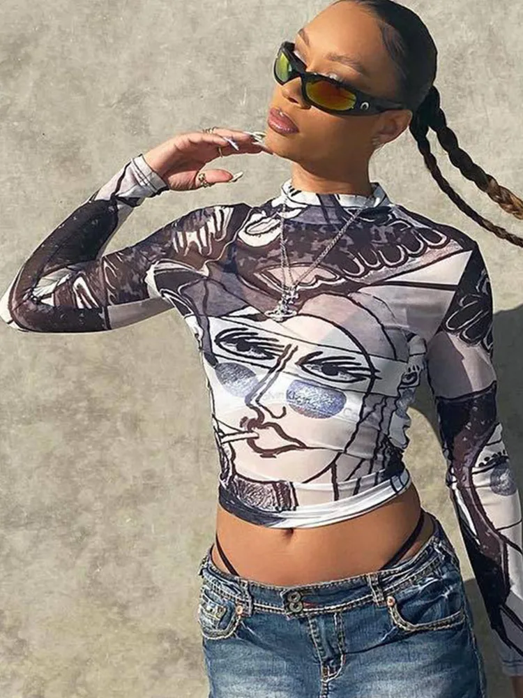 Sexy Top Graphic T Shirts For Women Fashion Clothes Mesh Long Sleeve Summer Ropa De Mujer Y2k Aesthetic Streetwear Woman Tshirts