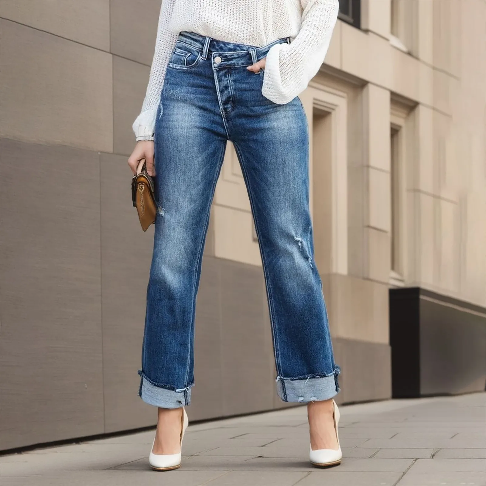 

2024 New High Waist Button Splicing Straight Jeans Women Fashion Urban Casual Commuter Denim Pants Ladies Broken Holes Trousers