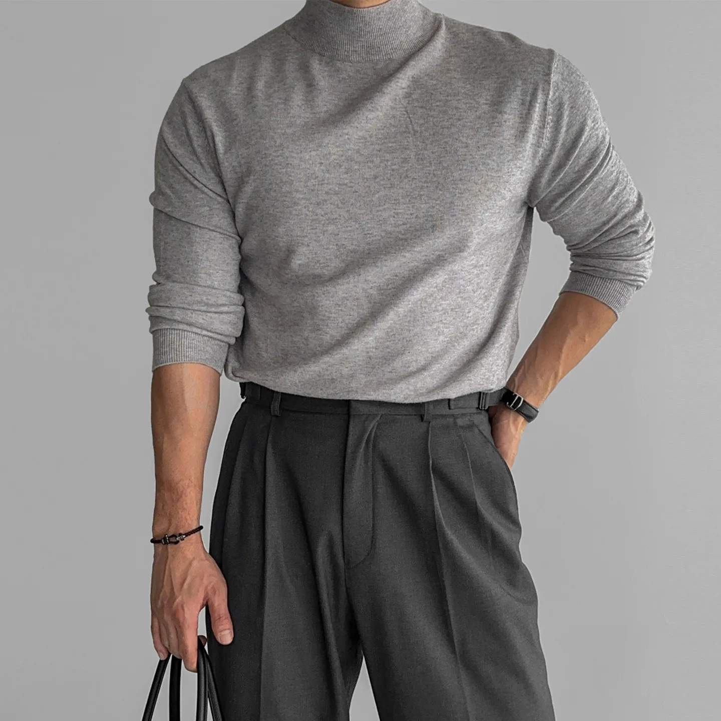 Autumn Winter New Fashion Men Grey Black Khaki Solid Color Slim Half High Collar Long Sleeve Slim Knitted Sweater Undershirts
