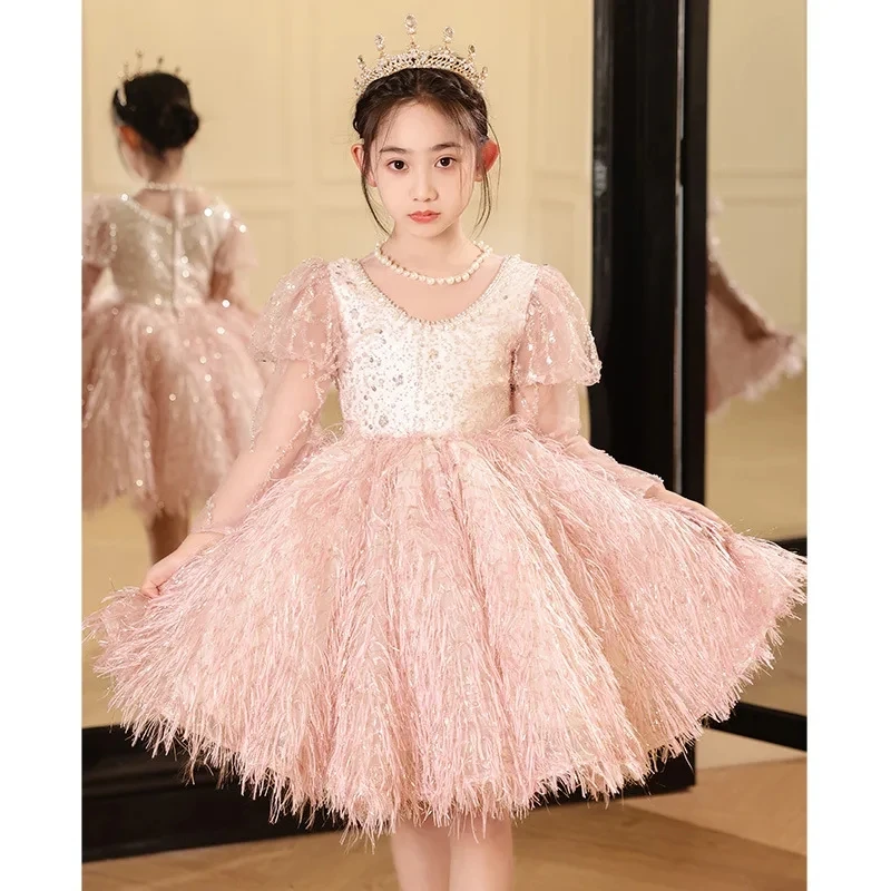 Fashion Baby Girl Princess Bling Feather Dress Infant Toddler Child Bow Vestido Party Pageant Birthday Ball Gown