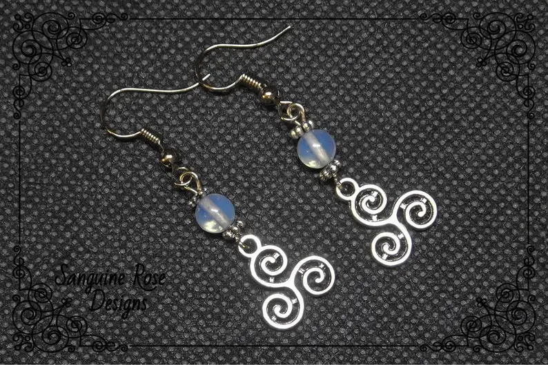 MOONSTONE TRISKELION EARRINGS, Pagan Wicca Clip On Or Pierced Earrings, Pagan Wicca Dangle Drop Earrings