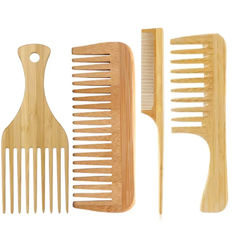 2/3/4Pcs Bamboo Hair Comb Anti-Static Hair Brush Afro Fork Combs Wide Tooth Tail Comb Wood Comb for All Hair Types Women Men