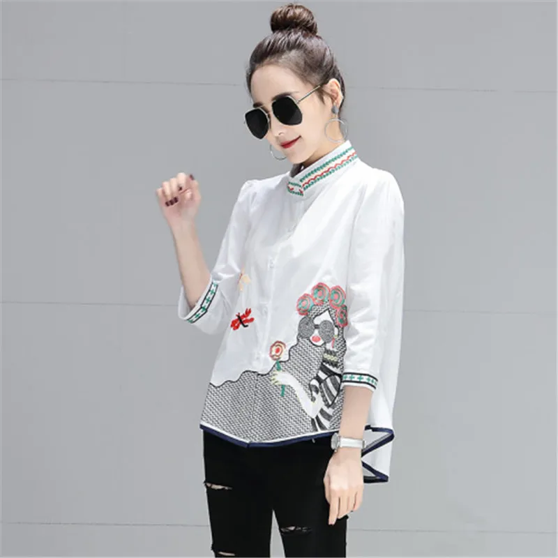 Spring Summer New Women Sweet Stand Collar Floral Embroidery Cotton Shirts Blouses Three Quarter Sleeve loose vintage Tops