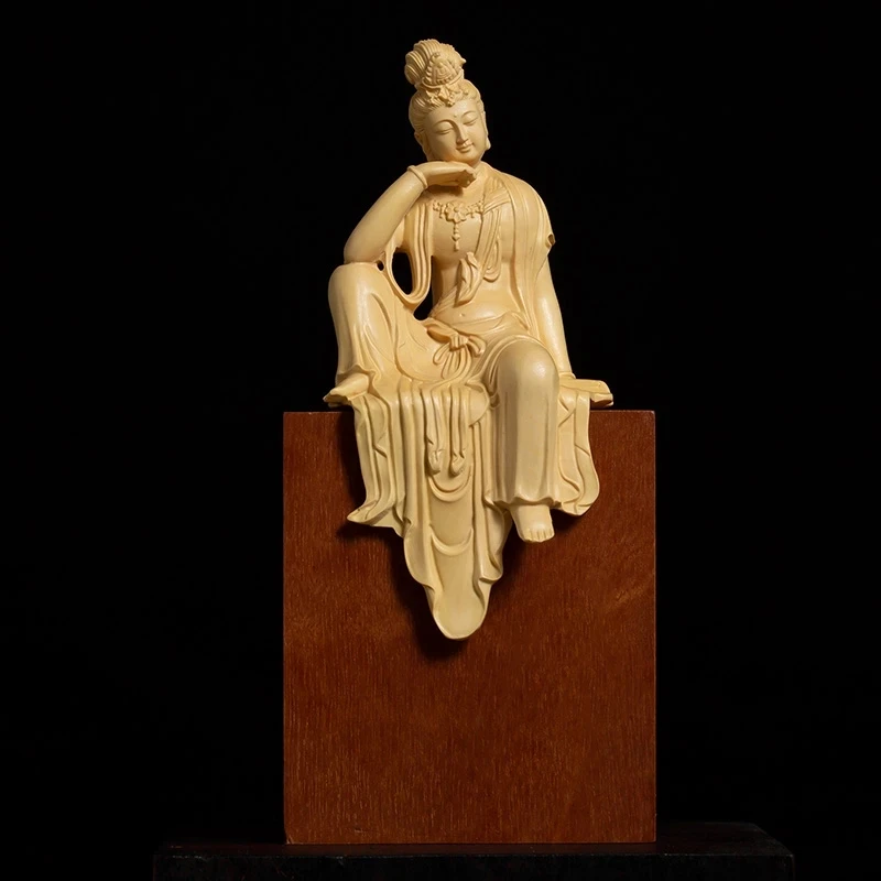 Boxwood 13cm Guanyin Bodhisattva Buddha Wood Statue Mascot Myth Figure Home Decor Sculpture