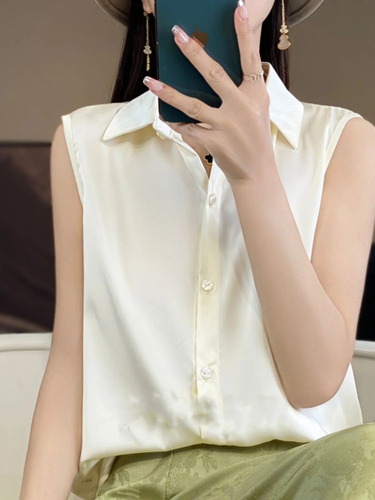 

Women's irt Svel Collared Top Autumn Season Layering New Sle Summer Outerwear Pure Color Button Detail Polyester