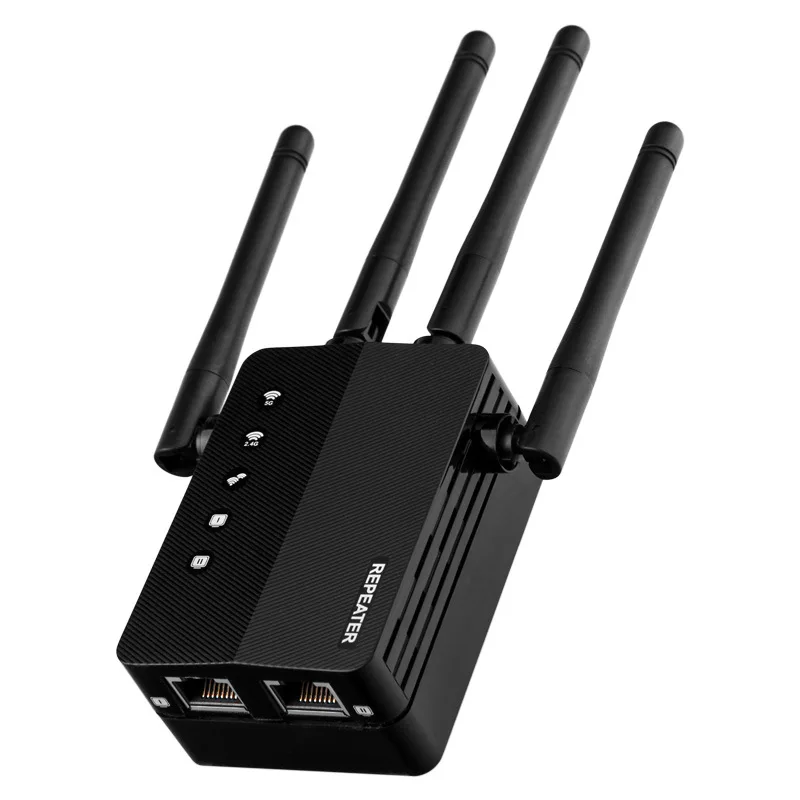 Black AC1200 WiFi Repeater 1200Mbps Router Black WiFi Extender Amplifier 2.4G/5GHz Wi-Fi Signal Booster Long Range Network