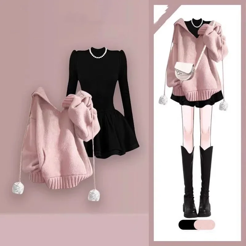 ผู้หญิงฤดูใบไม้ร่วงฤดูหนาวสีชมพูหวานHooded Pomponเสื้อถักชุด 2 ชิ้นชุดLadyเสื้อหลวมมินิเดรสชุดถัก