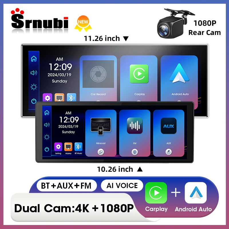 10.26\'\' &11.26\'\' 4K Dash Cam Car DVR Wireless CarPlay Android Auto Video Recorder Monitor GPS Navigation Dual Lens Recording DVR