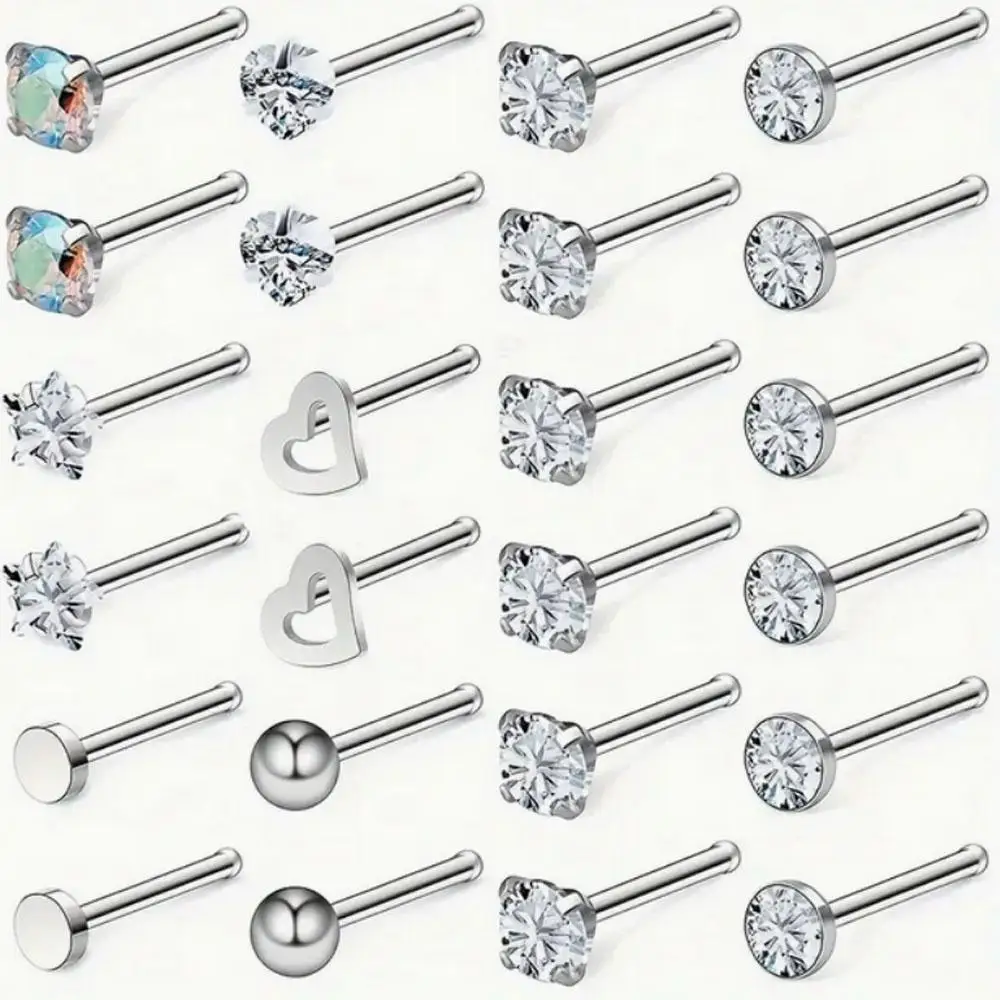 1/24Pcs Set Simple Stainless Steel Heart-Shape Nose Studs Lip Sparkling Cubic Zirconia Minimalist Accessory For Daily Wear