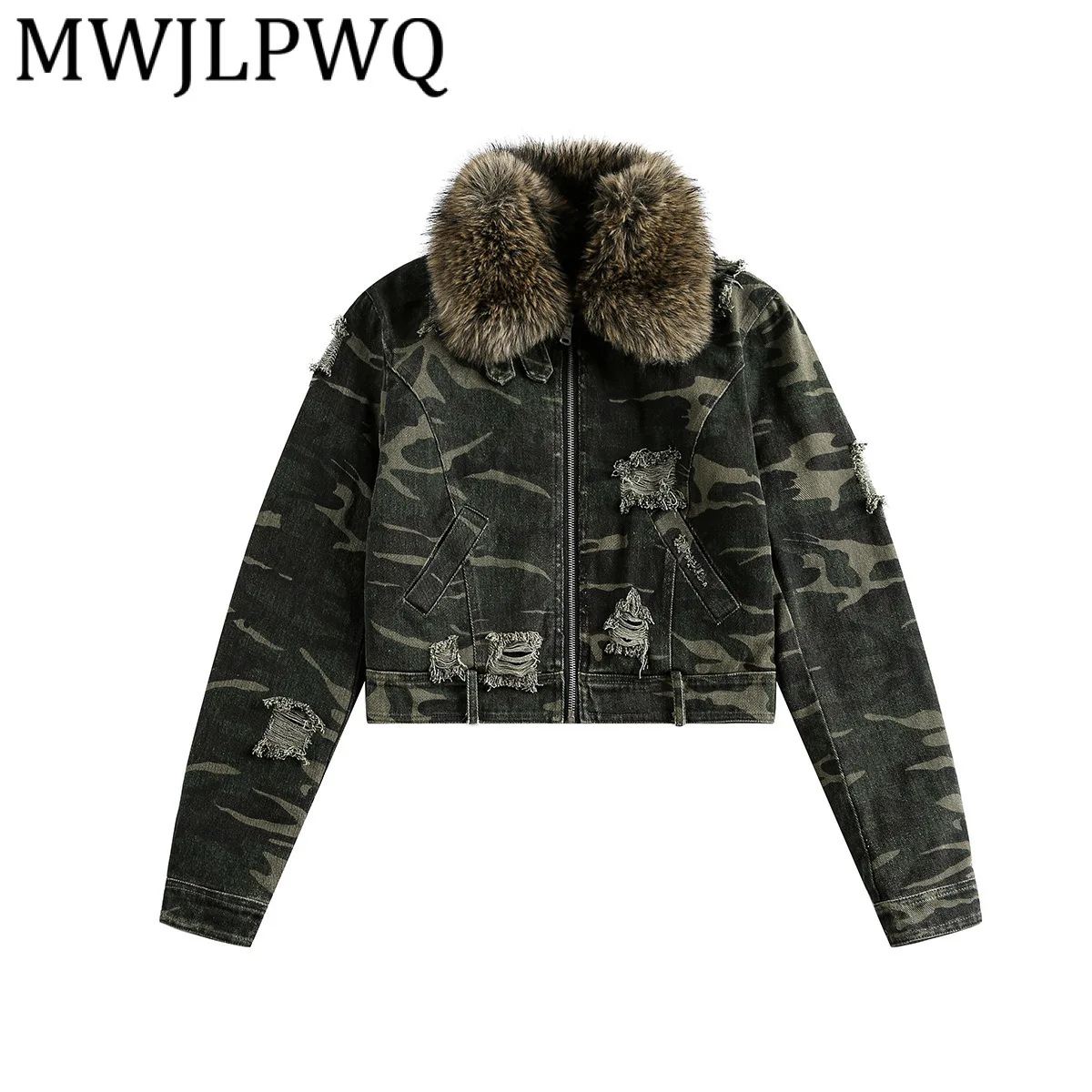 

MWJLPWQ Detachable Fur Collar Camouflage Short Coat Male High Street Washed Distressed Long Sleeve Chic Cotton Jacket 2172021720