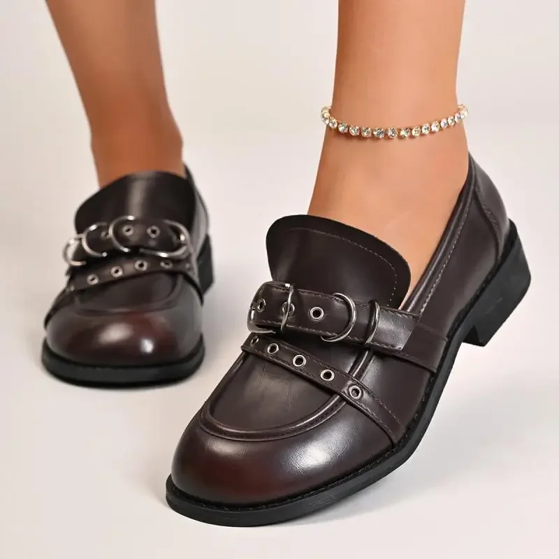 

Women's Leather Loafers Fashion Metal Belt Buckle Decoration Casual Shoes for Womens Elegant Vintage Round Toe Medium Heel Pump