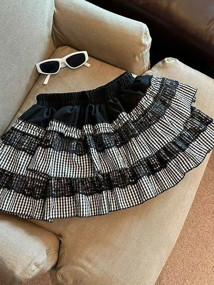 Falda a cuadros de encaje dulce coreano para mujer, minifaldas Vintage bonitas de cintura alta, falda informal de estilo pijo de retazos Y2k para mujer Kawaii