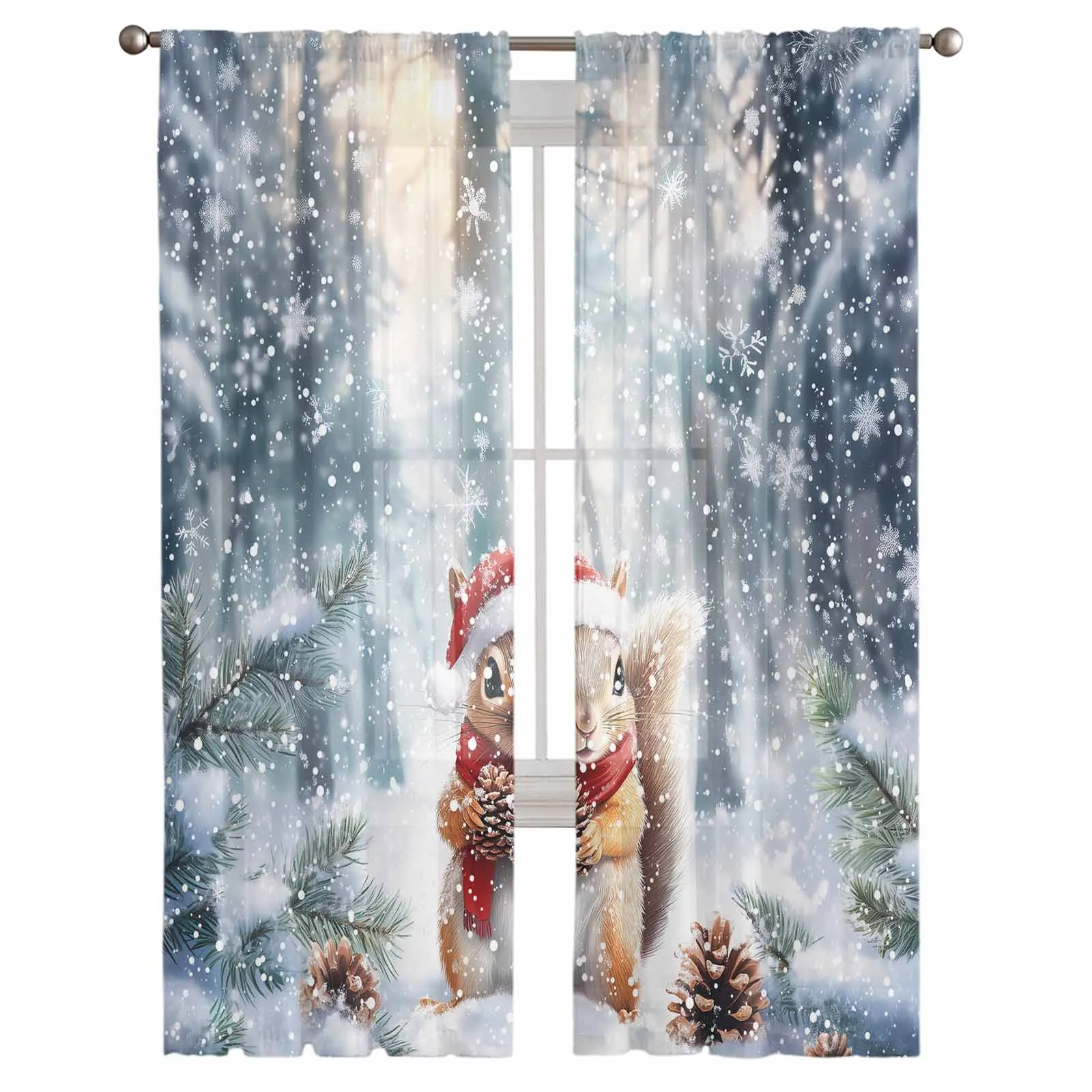 Christmas Winter Snowflake Squirrel Bedroom Transparent Sheer Curtains Holiday Decoration Window Voile Tulle Curtain