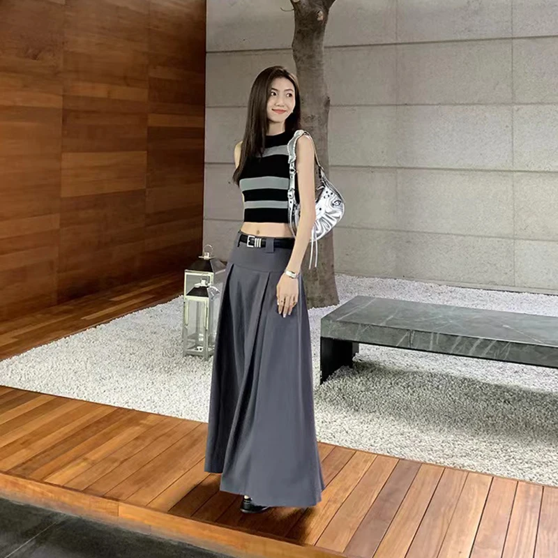 High Waist Black Pleated Skirt Autumn Korean Elegant Loose Preppy Suit Midi Skirt Y2K Ladies Solid All-Match A Line Skirts New