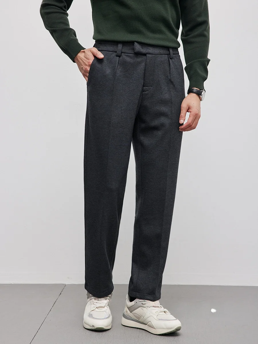 

High-End Loose Fit Wool Blend Casual Pants for Men Winter Warm Thi Sle Slip Bule Elastic Waist Comfortable Straight Leg