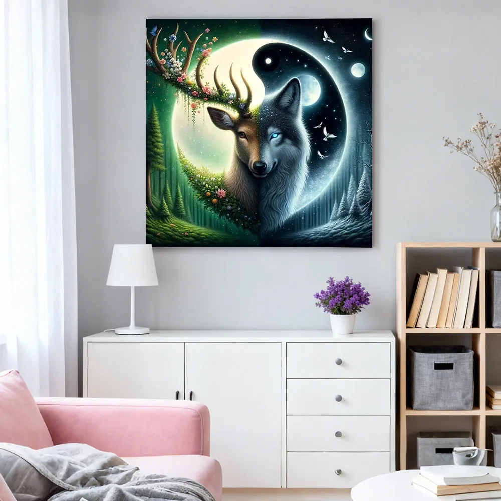 HUACAN الماس الفسيفساء كيت الغزلان الذئب القمر الحيوان الماس اللوحة مجموعة جديدة تاي تشي اليدوية ديكور المنزل