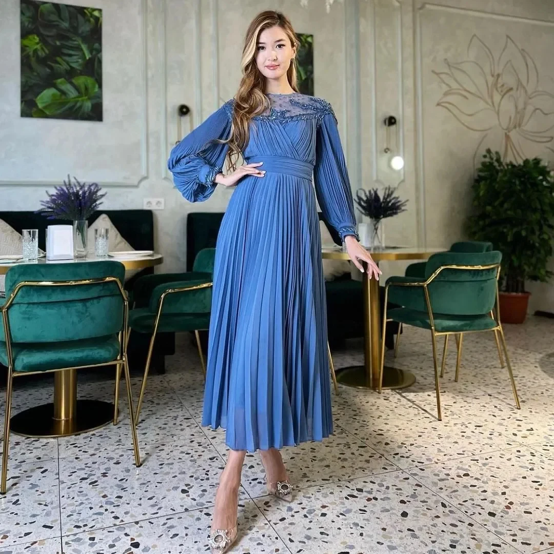 

Meetlove Saudi Arabia A line Prom Dresses O-Neck Beaded Women Evening Dress Long Sleeves Homecoming Party Graduation Birthday Go