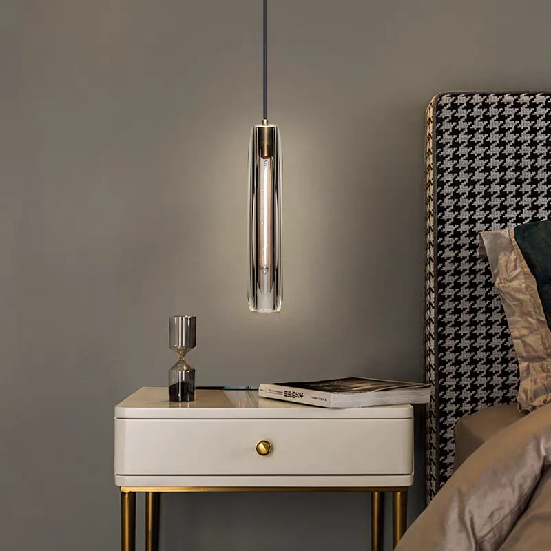 Light Luxury Minimalist Pendant Lamp Brass Long Tube Cylindrical Design High-end LED Lights Restaurant Room Nordic Line Lamparas