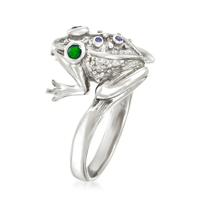 Vintage Fashion Jumping Frog Exaggerated Ring Silver Plated Green Stone Animal Rings for Men Women Punk Party Birthday Jewelry