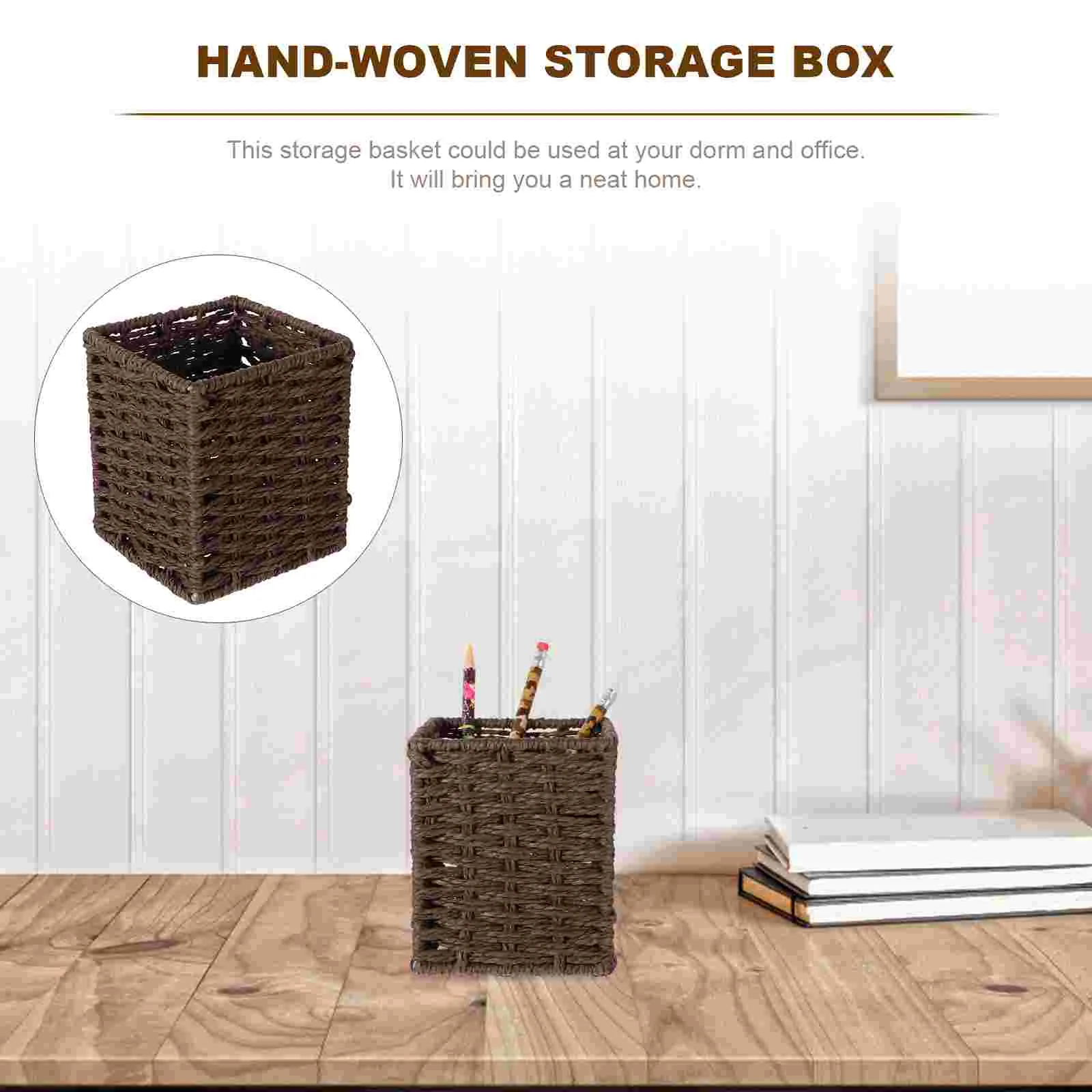 Desktop Pen Container Woven Storage Box Hamper Sundries Finishing Basket Wicker with Lid