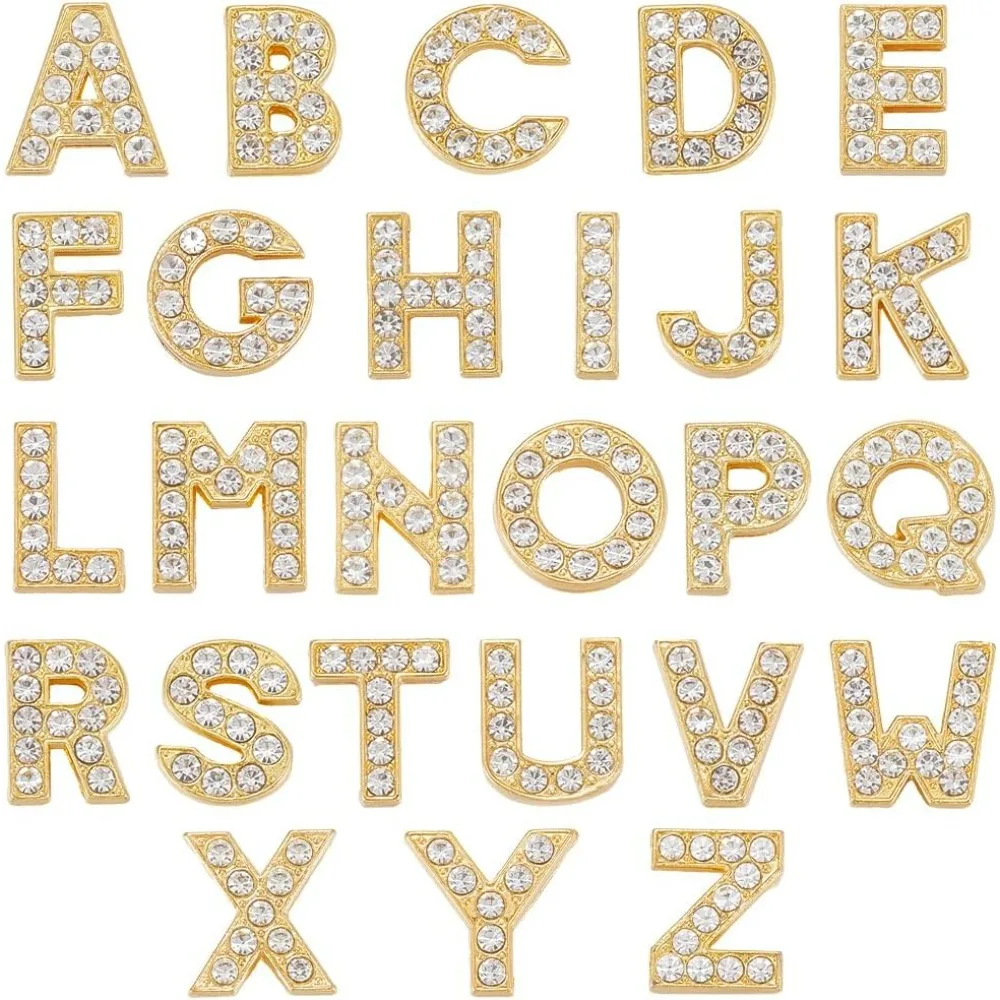 1 Box 26Pcs 26 Styles Rhinestone Alphabet Beads Charm Golden Crystal Letter Charms Bulk Metal Alloy Slide Full