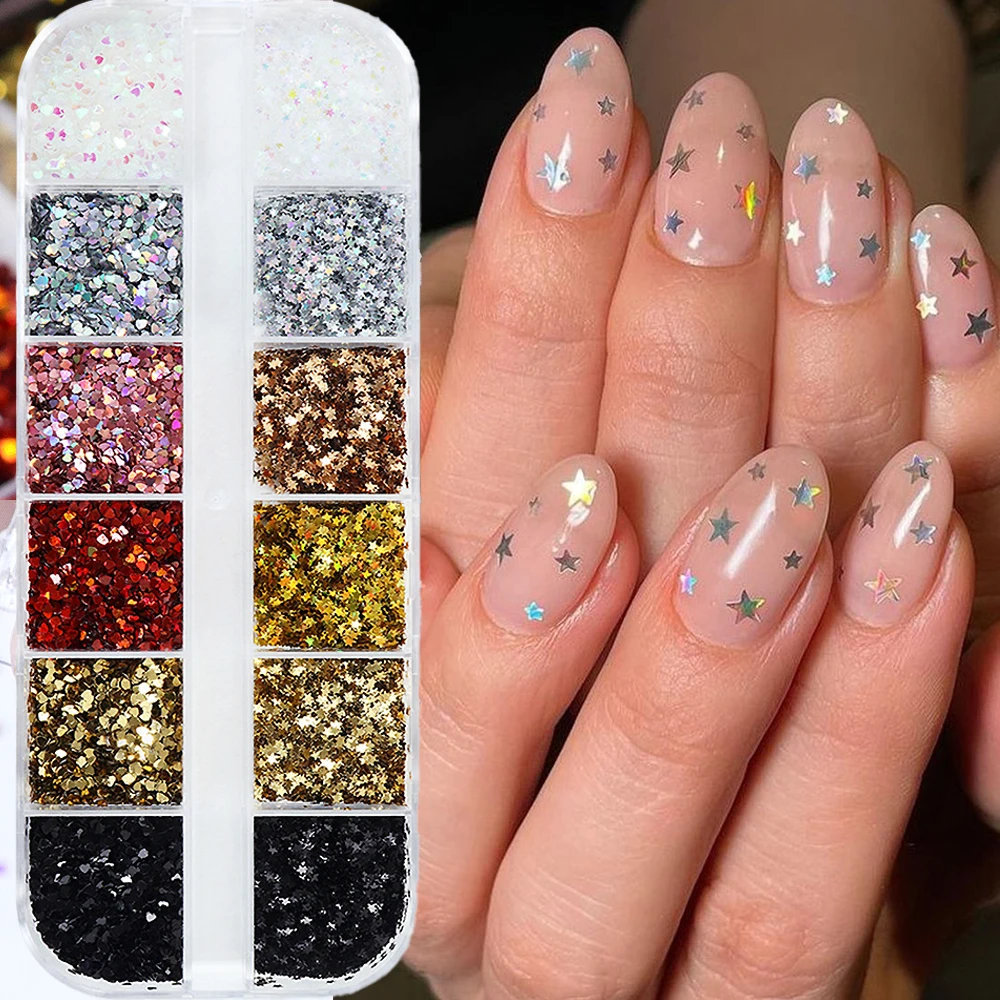 

12Grid 3D Mini Holographic 1mm Star Heart Nail Sequin Epoxy Resin Pentagram Love Paillette Glitter Nail Flakes DIY Crafts Making