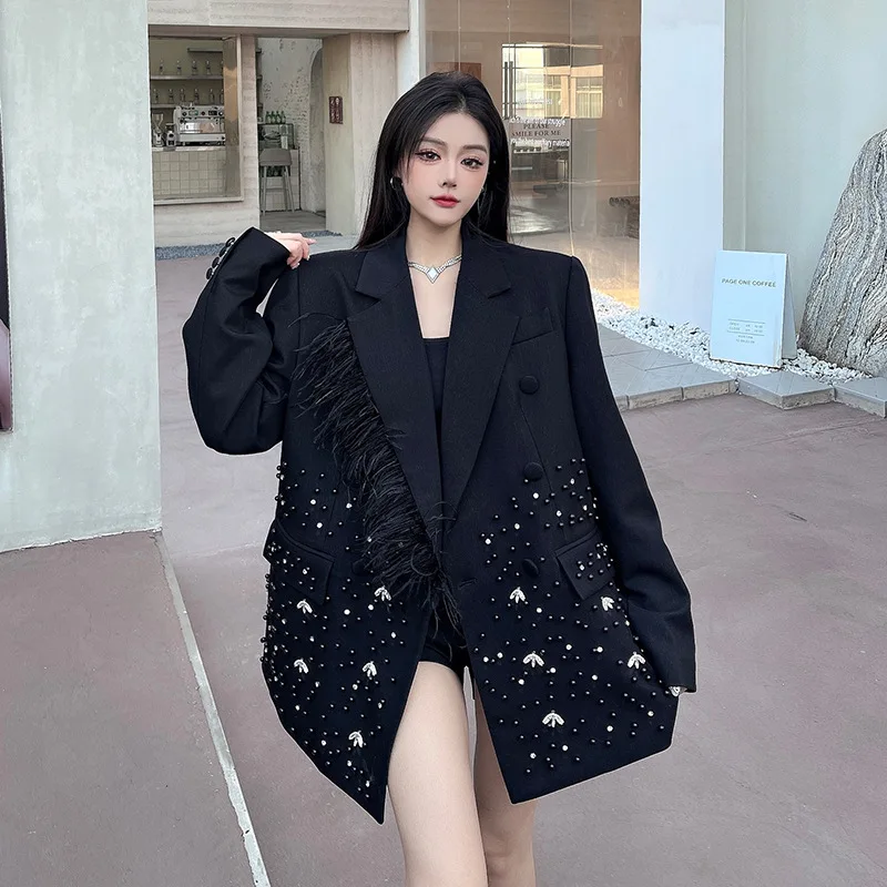 HKSH Women Blazer Elegant Fashion Diamonds Embroidered Flares Dark Style Loose Casual Trendy Ins Suit-Coat Spring Autumn HK25480