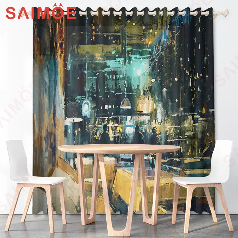 3D Modern Vintage City Life Picture Custom Curtains Wine Bottles Angel Devil Stripes Thin Polyester Fabric Office Trim with Hook