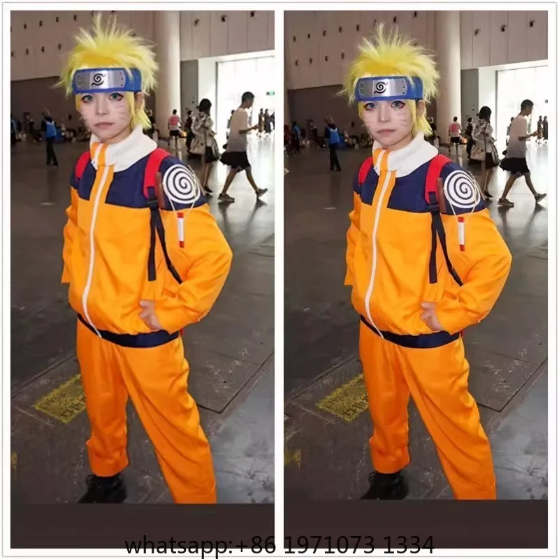Uzumaki Cosplay Costume Orange Clothes with Headband & Kunai Pouch Pre-Shippuden Genin Ninja Outfit Blonde Wig Unisex Adult Hall