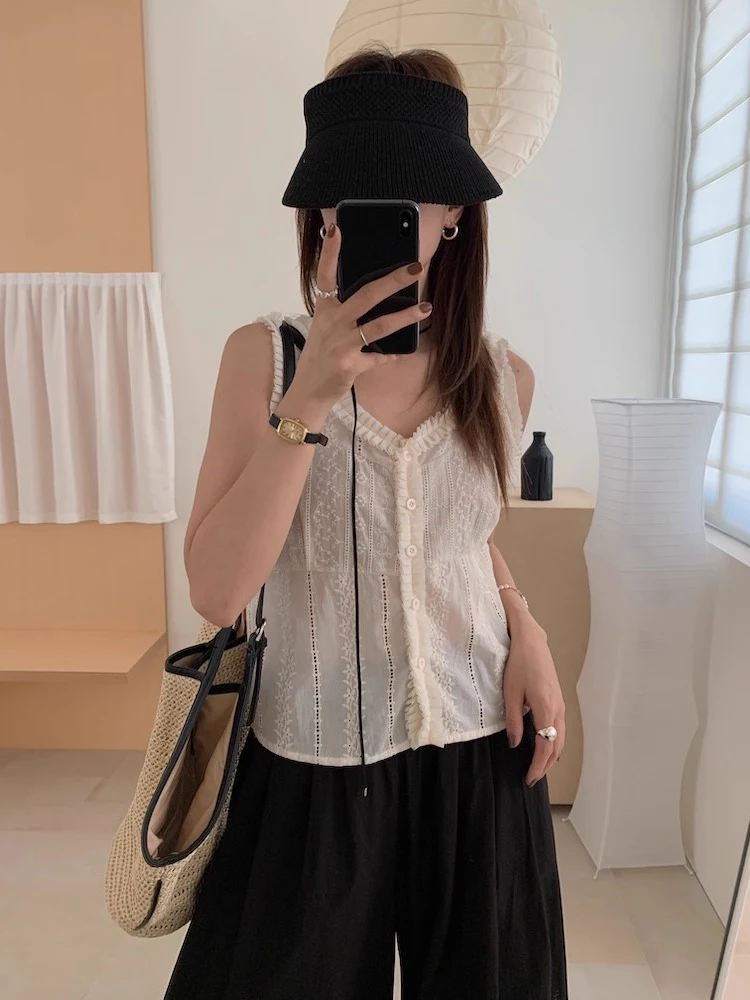 

Sli Women's Embroidered Accordion Pleat Blouse Vest Summer New Design Versatile Top Heavyweight Floral Pattern Casual Wear