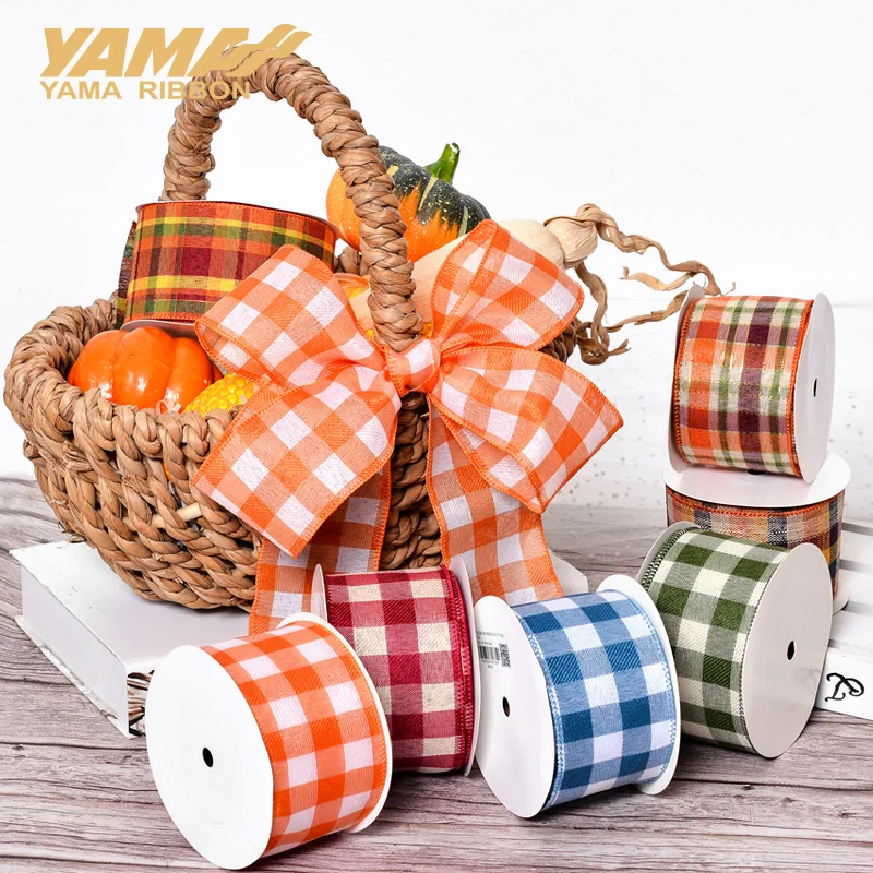 YAMA 10Yards/Roll 63mm Wired Edge Ribbons for DIY Christmas Tree Christmas Voucher Bows Decoration Liene Plaid Wired Edge Ribbon