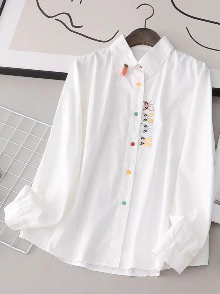 

Spring Cartoon Kawaii Shirt Women Slim Preppy Style Sweet Embroidery Blouse Japan Casual Long Sleeve Colors Buttons Cute TopsYY8