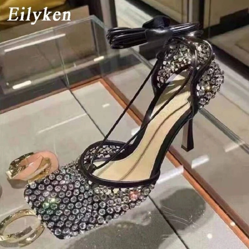 Eilyken Green Yellow Crystal Women Pumps Square Toe Fishnet Hollow Ankle Cross-Tied High Heel Rhinestone Sandals Lady Dress Shoe