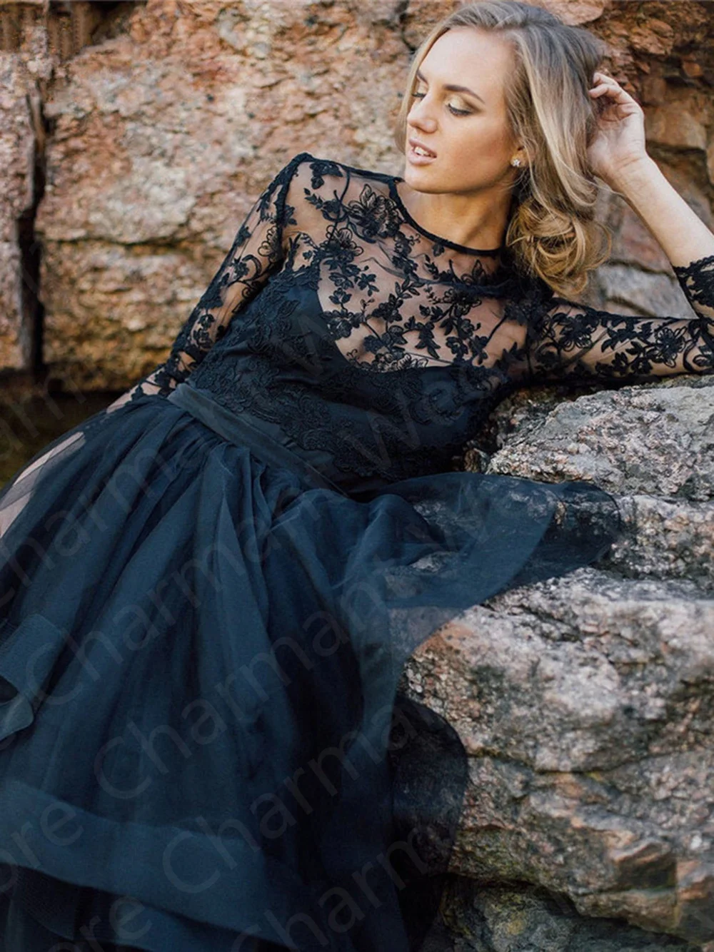 New Arrival Black Two Pieces Prom Gowns Lace Evening Dress Long Sleeves Ball Gown Wedding Party  with Bolero Tiered Skirt