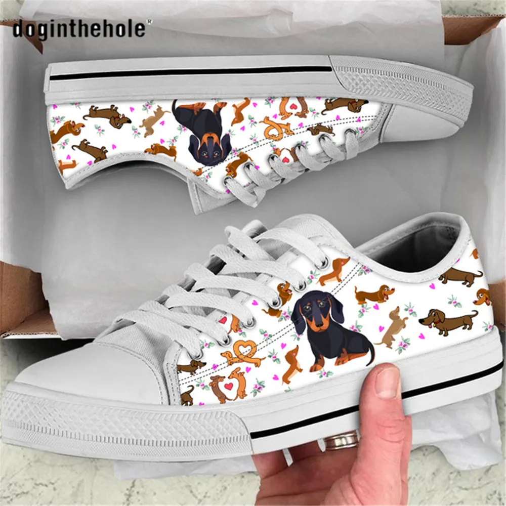 Cute Dachshund Print Women Canvas Shoes Pet Dog Flat Shoes For Ladies Casual Female Lace Up Walking Shoes